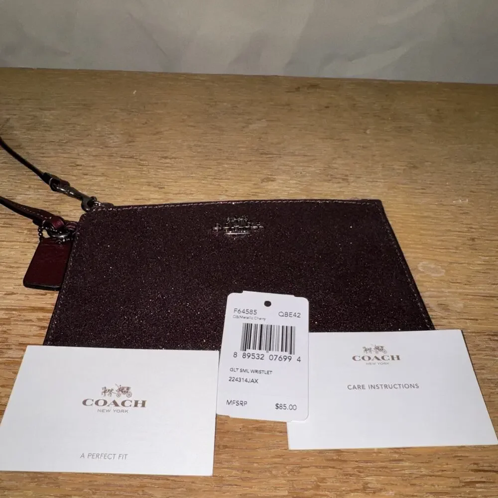 NWT Coach Glitter Small Wristlet Metallic Cherry Zip Pouch Clutch Wallet F64585